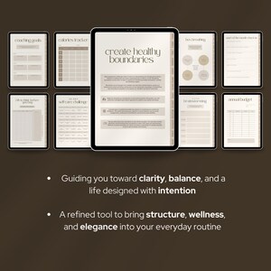 May include: A digital planner displayed on multiple tablets, featuring pages for coaching goals, a calorie tracker, and self-care challenges. The main tablet displays "create healthy boundaries". The text reads "Guiding you toward clarity, balance, and a life designed with intention."