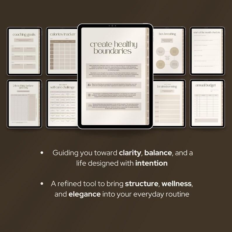 May include: A digital planner displayed on multiple tablets, featuring pages for coaching goals, a calorie tracker, and self-care challenges. The main tablet displays "create healthy boundaries". The text reads "Guiding you toward clarity, balance, and a life designed with intention."