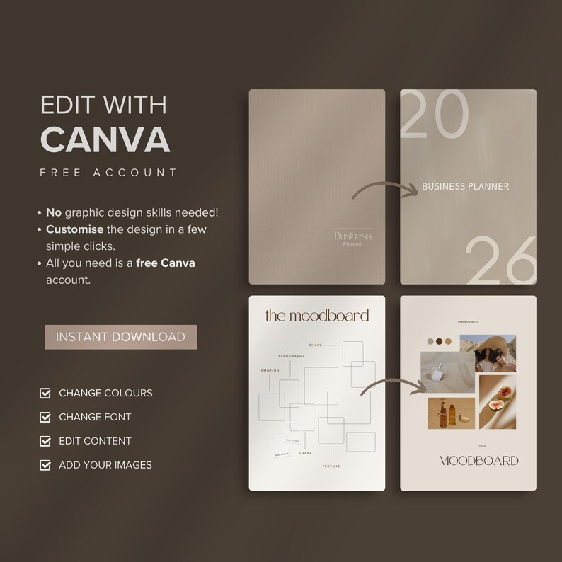 Op de afbeelding: Een digitale productmockup met sjablonen voor een businessplanner en moodboard. Het ontwerp bevat de tekst "Edit with Canva" en "Instant Download". De sjablonen zijn in neutrale tinten met minimalistische lay-outs.