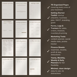 Op de afbeelding: Een businessplanner met 75 georganiseerde pagina's, inclusief checklists, marketingtools en financi&euml;le overzichten. De planner heeft een minimalistisch, strak ontwerp met gebruiksvriendelijke lay-outs voor diverse zakelijke behoeften. De tekst bevat "Customer Persona".