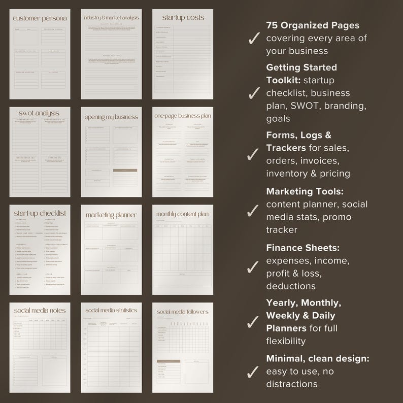 Op de afbeelding: Een businessplanner met 75 georganiseerde pagina's, inclusief checklists, marketingtools en financi&euml;le overzichten. De planner heeft een minimalistisch, strak ontwerp met gebruiksvriendelijke lay-outs voor diverse zakelijke behoeften. De tekst bevat "Customer Persona".