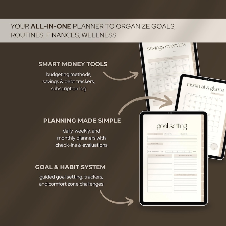 May include: Digital planner with a dark brown background. The planner includes sections for goal setting, savings, and monthly overviews. Text on the image includes "Smart Money Tools", "Planning Made Simple", and "Goal & Habit System".