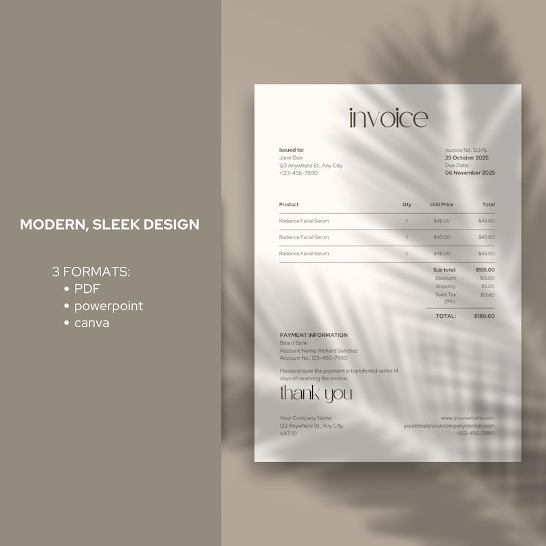 May include: A modern invoice template with a minimalist design. The invoice includes fields for product details, payment information, and a thank you message. The text "Modern, Sleek Design" and "3 Formats: PDF, powerpoint, canva" are also visible.