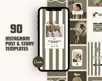 Instagram Post Template Canva Retro Story Design Green Social Media For Small Business Content Creator Entrepreneur Vintage Aesthetic
