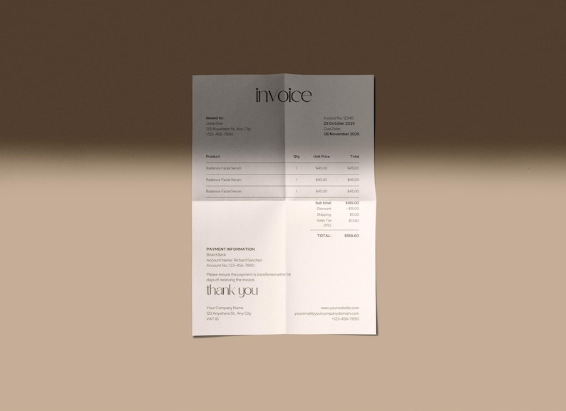 Professional Financial Template Minimalist Invoice Design Clean Business Document Editable Canva Format Digital Billing Solution Client Information Organization Product Service Listing Structure Payment Details Section Company Information