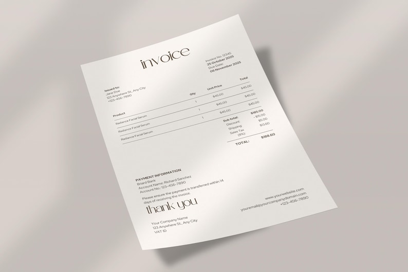 Clean Invoice Design Minimalist Template Style Professional Billing Document Modern Business Essential Financial Record Template Client Information Organization Payment Details Structure Company Branding Area Neutral Color Scheme Editable