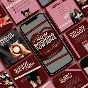May include: A smartphone displays a beauty salon advertisement with the text "Hot Stuff Now Booking for June" over a graphic of red lips. Surrounding the phone are various promotional materials in shades of pink and burgundy, showcasing services and product spotlights.