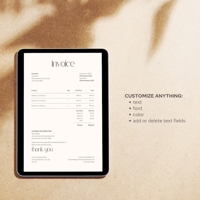 May include: A digital tablet displays an invoice with the word "invoice" at the top. The invoice includes product details, payment information, and the words "thank you". The tablet is on a light brown surface.