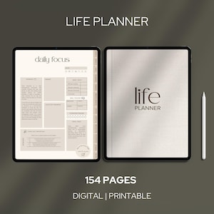 Digital Life Planner Productivity System Complete Organization Tool Hyperlinked Navigation Minimalist Design Beige Aesthetic 154 Pages Goal Setting Templates Habit Tracking Pages Mental Health Journal Financial Planning Sections Daily