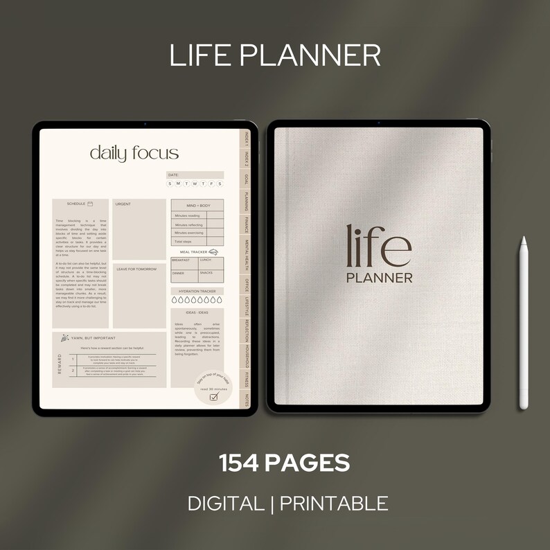 Digital Life Planner Productivity System Complete Organization Tool Hyperlinked Navigation Minimalist Design Beige Aesthetic 154 Pages Goal Setting Templates Habit Tracking Pages Mental Health Journal Financial Planning Sections Daily
