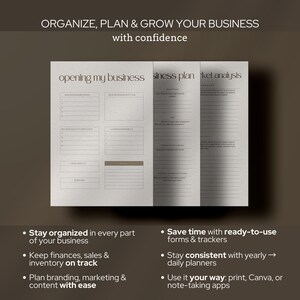Op de afbeelding: Een businessplanner met de tekst "ORGANIZE, PLAN & GROW YOUR BUSINESS with confidence". De planner bevat secties voor bedrijfsbeschrijvingen, marktanalyse en financi&euml;le prognoses. Extra tekst benadrukt functies zoals kant-en-klare formulieren en jaarlijkse planners.