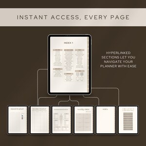 May include: Digital planner with various sections, including mood tracker, income tracker, and weekly vision. The main screen displays an index page with hyperlinks. Text reads "Instant Access, Every Page" and "Hyperlinked sections let you navigate your planner with ease."