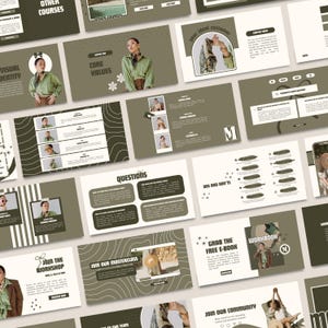 May include: A collection of olive green and white presentation slides with text and images. The slides include the phrases "Other Courses", "Visual Identity", "Core Values", "Questions", "Dos and Don'ts", and "Join the Workshop".