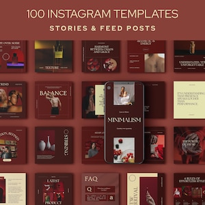 Könnte beinhalten: Eine Sammlung von 100 Instagram-Vorlagen für Stories und Feed-Posts. Die Vorlagen haben ein minimalistisches Design mit einem bordeauxroten und cremefarbenen Farbschema. Das Bild zeigt ein Smartphone, das eine Vorlage mit dem Wort "MINIMALISM" anzeigt.