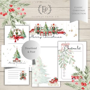 May include: A collection of watercolor Christmas-themed stationery. The designs include Christmas trees, nutcrackers, red cars, and gift boxes. The text "Merry Christmas" and "Christmas list" are visible. The overall color palette is red, green, and white.