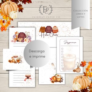 Op de afbeelding: Een collectie herfst-thema briefpapier met aquarel illustraties. Het ontwerp bevat pompoenen, truien en latte art. De tekst "Hola Otoño" is zichtbaar, samen met "Descarga e imprime" en "Doy gracias por". Het Fairway Paper Co. logo is ook aanwezig.