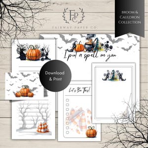 May include: A collection of Halloween-themed stationery featuring watercolor illustrations. The designs include pumpkins, bats, witch hats, and cauldrons. The phrase "I put a spell on you" is visible. The stationery is from the "Broom & Cauldron Collection."