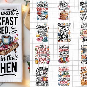 Puede incluir: Paño de cocina blanco con el texto "If you want BREAKFAST IN BED, Sleep in the KITCHEN". El paño presenta una ilustración de acuarela de un desayuno en una bandeja, que incluye tostadas, café y bayas. También se ven diseños adicionales con temas de cocina.