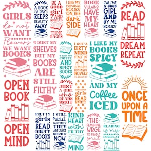 May include: A colorful graphic design featuring various text quotes about books and reading. The design includes phrases like "Girls do not want flowers, we want books" and "Open Book, Open Mind." The color palette includes pink, blue, orange, and green.