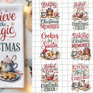 Könnte beinhalten: Weihnachtliche Küchentücher mit festlichen Texten und Illustrationen. Ein Tuch zeigt "Believe in the Magic of Christmas" mit Kerze, Kakao und Lebkuchen. Weitere Tücher zeigen Back-bezogene Sätze und Bilder für die Weihnachtszeit.
