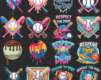 May include: A collection of baseball-themed graphics with a "Respect the Drip" theme. Each design features baseballs, bats, and other equipment with colorful, dripping paint effects in shades of pink, blue, yellow, and brown. The text "Respect the Drip" is included.