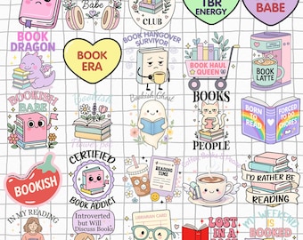 Girly Bookish Reading PNG Bundle, Trendy PNG Bundle Book Lover Quotes, Booktok Girlie Stickers, Book Nerd Sublimations Cute Bookish Stickers