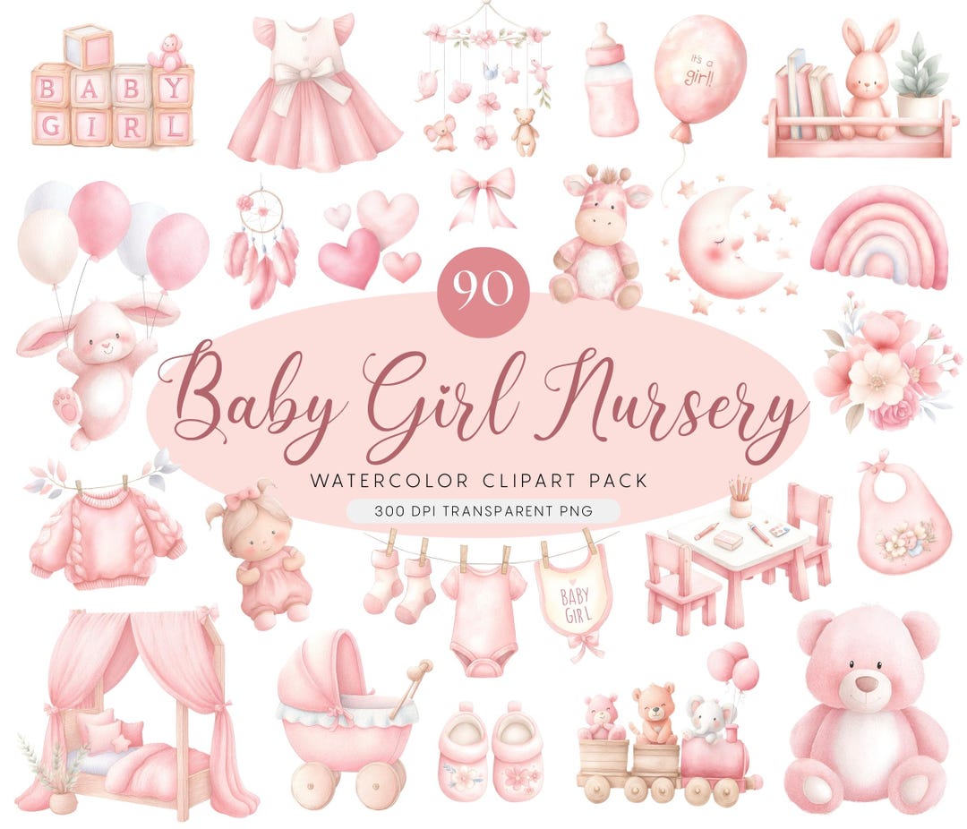Pink Nursery Clipart – Watercolor Baby Room Collection - Baby Shower ...