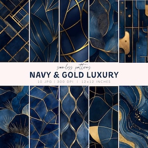 Può includere: Motivi senza cuciture blu navy e oro con disegni geometrici e astratti. L'immagine mostra vari stili artistici, con il testo "NAVY & GOLD LUXURY". Le dimensioni sono 30,48 x 30,48 cm.