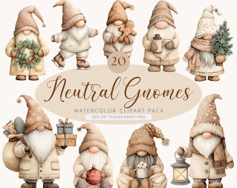 May include: Watercolor clipart pack featuring 20 neutral gnomes in various poses. The gnomes are dressed in beige and brown outfits, some holding festive items like a wreath, gingerbread man, and gifts. The text "Neutral Gnomes" is displayed in a decorative font.