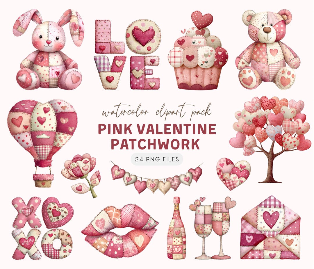 Valentine Patchwork – Pink Watercolor Quilt-style Clipart Set - Etsy