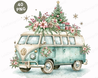 Vintage Christmas Car Clipart PNG – 40 Retro Holiday Vehicles, Cars, Vans, Trucks for Cards Invitations & Sublimation Design