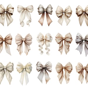 Peut inclure: Une collection de quinze n&oelig;uds aquarelles dans des tons cr&egrave;me, beige et taupe. Les n&oelig;uds ont des rubans fluides et des textures d&eacute;taill&eacute;es, parfaits pour les projets d'artisanat ou de d&eacute;coration. Chaque n&oelig;ud a une forme et un style uniques.