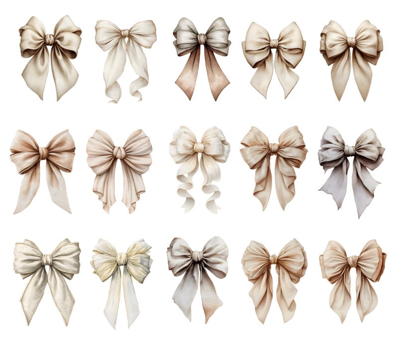 Peut inclure: Une collection de quinze n&oelig;uds aquarelles dans des tons cr&egrave;me, beige et taupe. Les n&oelig;uds ont des rubans fluides et des textures d&eacute;taill&eacute;es, parfaits pour les projets d'artisanat ou de d&eacute;coration. Chaque n&oelig;ud a une forme et un style uniques.