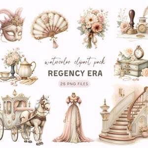 Op de afbeelding: Watercolor clipart pack met illustraties uit de Regency-periode. Inclusief een masker, waaier, bloemboeketten, theeset, koets, jurk en trap. De tekst luidt "watercolor clipart pack" en "REGENCY ERA" met "25 PNG FILES".