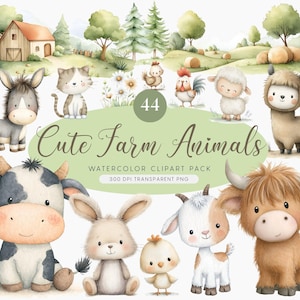 Può includere: Pacchetto di clipart ad acquerello con 44 simpatici animali della fattoria. L'immagine include un asino, un gatto, una mucca, un coniglio, un pulcino, una capra, un toro, un gallo, una pecora e un lama. Il testo recita "Cute Farm Animals".