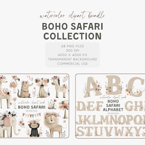 May include: Watercolor clipart bundle featuring a Boho Safari Collection. The image includes illustrations of safari animals like giraffes, zebras, and lions, along with an alphabet set. The text indicates 68 PNG files, 300 DPI, and a transparent background.