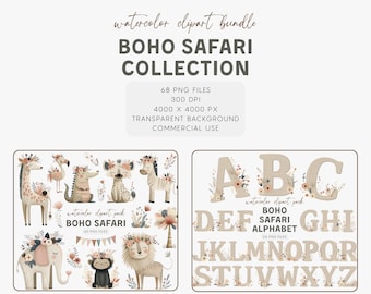 Boho Safari Clipart Bundle – Animals & Alphabet Neutral Collection