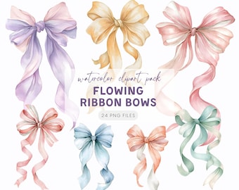 Aquarell Ribbon Bögen Clipart-Set - 24 fließende Pastellbögen, elegantes langes Band Illustrationen PNG Bundle, Hochzeit & Babyparty Grafiken