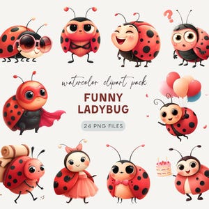Puede incluir: Paquete de imágenes prediseñadas de acuarela con varias mariquitas de dibujos animados con caparazones rojos y negros con lunares. Algunas mariquitas usan gafas de sol, pajaritas y capas. Se muestra el texto "FUNNY LADYBUG".