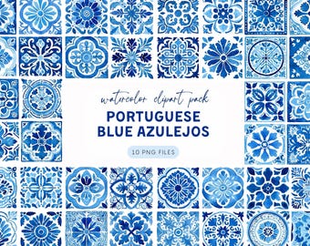 Clipart carrelage méditerranéen, bleu azulejo aquarelle PNG, papier numérique sans soudure, art de carreaux de céramique, usage Commercial