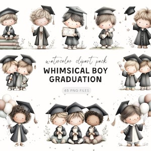 May include: A watercolour clipart pack with whimsical boy graduation illustrations. The image shows several cartoon boys in graduation caps and gowns, holding diplomas and balloons. The text "WHIMSICAL BOY GRADUATION" is also present.