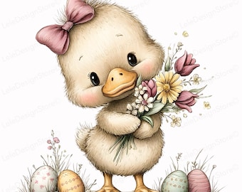 24 Whimsical Easter Duck PNG, Cute Pastel Duck with Eggs and Flowers for Greeting Cards