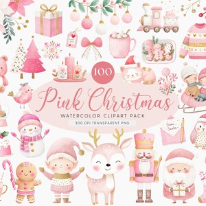 May include: A collection of pink Christmas-themed watercolor clip art. The image includes a variety of festive illustrations such as a teddy bear, Christmas tree, snowman, Santa Claus, and a train. The text "Pink Christmas" is displayed prominently.