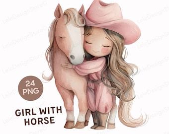 Girl with Horse Clipart Set – 24 PNG Watercolor Pink Cowgirl & Pony, for Equestrian Gifts and Cards, Digital Download