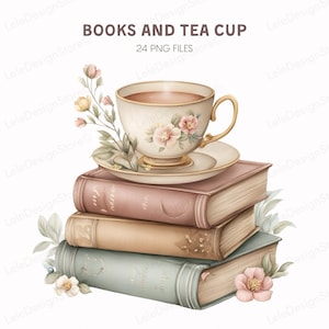 Könnte beinhalten: Aquarellillustration mit einer Teetasse auf einem Bücherstapel. Die Tasse und Untertasse sind mit Blumenmustern verziert. Die Bücher sind in Rosa-, Beige- und Blautönen gehalten. Der Text "BOOKS AND TEA CUP" steht oben.