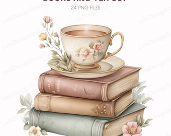 24 Books And Tea Cup PNG, Watercolor Floral Book Stacks For Book Lovers, Scrapbook And Digital Clipart Bundle, Tea Party Decor
