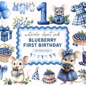 Blueberry Berry eerste verjaardag clipart, Sweet One Party png, aquarel muis graphics, verjaardagsversieringen, Blueberry party uitnodiging