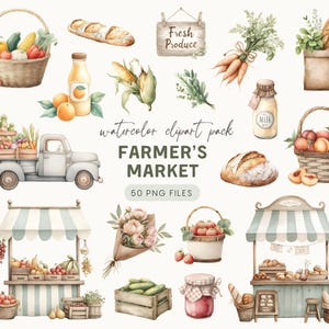 Könnte beinhalten: Aquarell-Clipart-Paket mit dem Thema Bauernmarkt. Das Bild enthält Illustrationen von frischen Produkten, darunter Körbe mit Obst und Gemüse, einen Oldtimer-Truck, Marktstände und Backwaren. Der Text "Farmer's Market" ist prominent dargestellt.