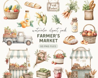 Farmer’s Market Clipart – 50 PNG Watercolor Market Stalls, Fresh Fruits & Vegetables, Local Produce for Commercial Use