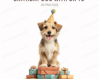 20 PNG Birthday Dog With Gifts – Realistic Dog Party Illustrations for Cards & Crafts, Clipart Set, Commercial Use